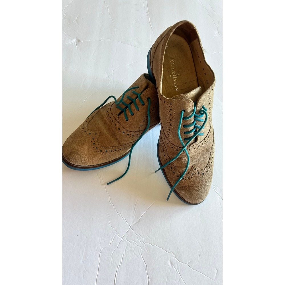 Cole Haan Womens Brogue Preppy Tan Suede Wingtip Oxford Shoes Blue Sole Size 8 B